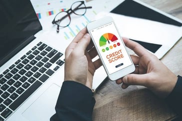 A person looks at their credit score on a phone app