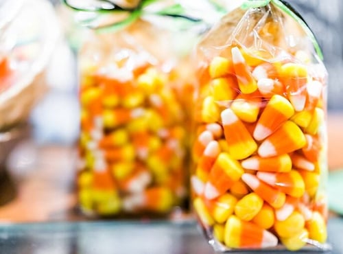 bags filled with cany corn for trick or treaters