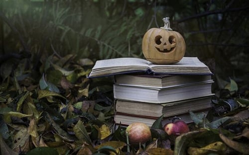 a pumpkin sits atop a stack of books in the forest