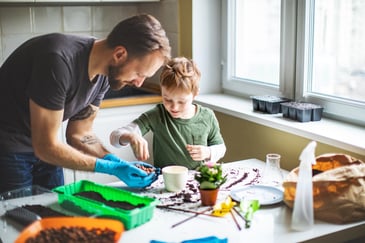 A father and son repot plants in the kitchen