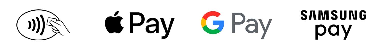 Logos for contactless payment, Apple Pay, Google Pay, and Samsung Pay