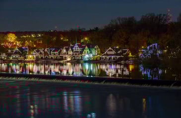 Philadelphia Boathouse Row lit up at night