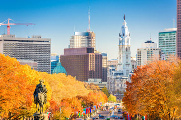 The Philadelphia city skyline in fall